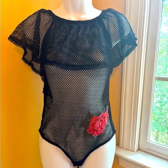 Love J ladies black mesh embroidered bodysuit - size large - NWT - Picture 1 of 5